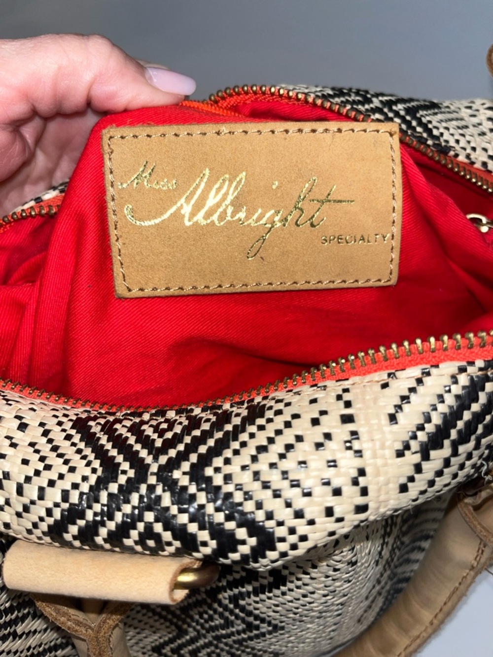 Miss Albright Speciality Woven Chevron Satchel Handbag in Black, Cream & Red - Picture 9 of 16